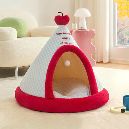 Apples Christmas Tent Christmas Pet Bed Semi Enclosed Cats Bed Dog Bed Removable And Washable Dog Bed Winter Warm Cats Bed As shown.