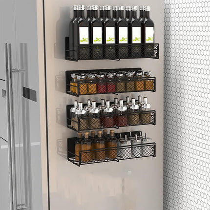 Magnetic Spice Rack for Refrigerator, Metal Strong Magnet Shelf, Space Saving Spice Organizer, Home Kitchen Storage Rack, Movable Magnetic Basket for Fridge Microwave Washing Machines Black.