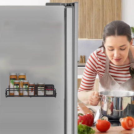 Magnetic Spice Rack for Refrigerator, Metal Strong Magnet Shelf, Space Saving Spice Organizer, Home Kitchen Storage Rack, Movable Magnetic Basket for Fridge Microwave Washing Machines Black.