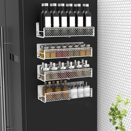 Magnetic Spice Rack for Refrigerator, Metal Strong Magnet Shelf, Space Saving Spice Organizer, Home Kitchen Storage Rack, Movable Magnetic Basket for Fridge Microwave Washing Machines White.