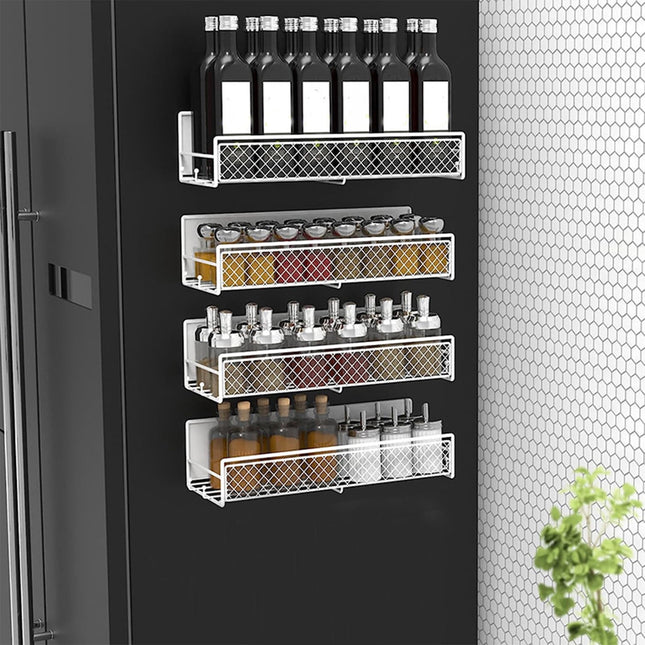 Magnetic Spice Rack for Refrigerator, Metal Strong Magnet Shelf, Space Saving Spice Organizer, Home Kitchen Storage Rack, Movable Magnetic Basket for Fridge Microwave Washing Machines White.