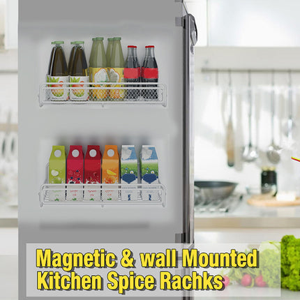 Magnetic Spice Rack for Refrigerator, Metal Strong Magnet Shelf, Space Saving Spice Organizer, Home Kitchen Storage Rack, Movable Magnetic Basket for Fridge Microwave Washing Machines White.