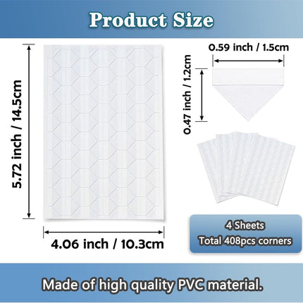 Tutuviw 408 Pcs Clear Photo Corners Stickers Self-Adhesive Photo Corners Lens Photo Corner Sticker for DIY Scrapbooking, Memory Books Journal and Picture Album (Clear, 4 Sheet).