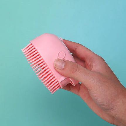 Dog Bath Brush, Pet Massage Brush, Shampoo Dispenser, Soft Silicone Brush, Rubber Bristle for Dogs and Cats Shower, Soft Pet Rub Back Brush, Shower Brush Pink.