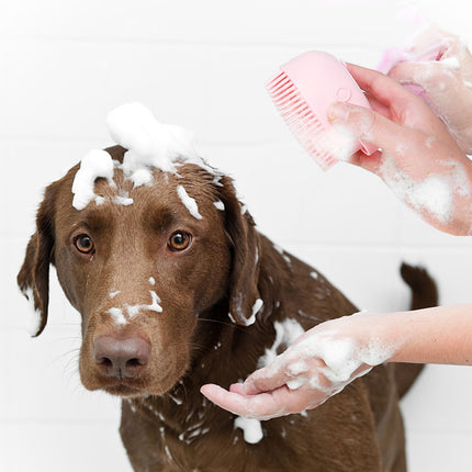 Dog Bath Brush, Pet Massage Brush, Shampoo Dispenser, Soft Silicone Brush, Rubber Bristle for Dogs and Cats Shower, Soft Pet Rub Back Brush, Shower Brush Pink.