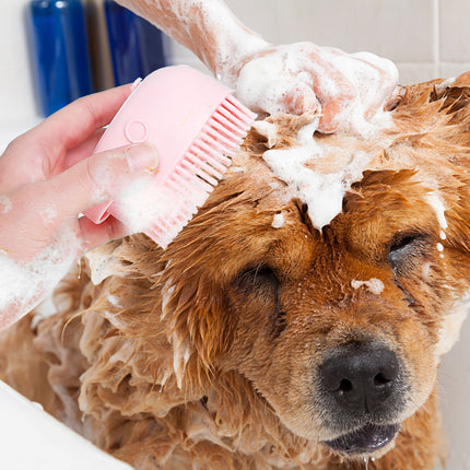 Dog Bath Brush, Pet Massage Brush, Shampoo Dispenser, Soft Silicone Brush, Rubber Bristle for Dogs and Cats Shower, Soft Pet Rub Back Brush, Shower Brush Pink.