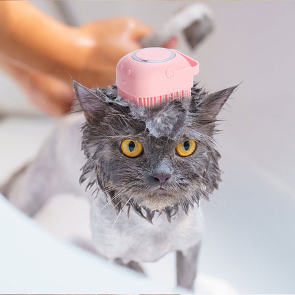 Dog Bath Brush, Pet Massage Brush, Shampoo Dispenser, Soft Silicone Brush, Rubber Bristle for Dogs and Cats Shower, Soft Pet Rub Back Brush, Shower Brush Pink.