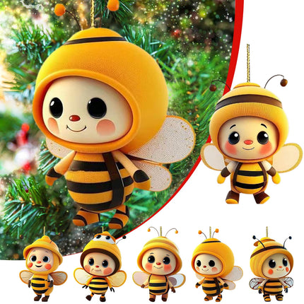 6PCS Christmas Cute Bee Hanging Ornaments, 3.15" Flat Christmas Tree Hanging Pendants, Acrylic Yellow Honeybee with Hat Indoor Decoration for Home Party Holiday Xmas Tree Door Decor As shown.