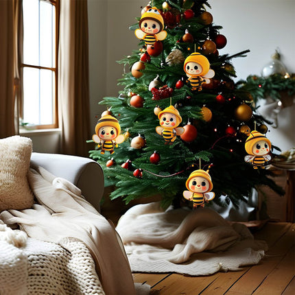 6PCS Christmas Cute Bee Hanging Ornaments, 3.15" Flat Christmas Tree Hanging Pendants, Acrylic Yellow Honeybee with Hat Indoor Decoration for Home Party Holiday Xmas Tree Door Decor As shown.