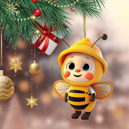 6PCS Christmas Cute Bee Hanging Ornaments, 3.15" Flat Christmas Tree Hanging Pendants, Acrylic Yellow Honeybee with Hat Indoor Decoration for Home Party Holiday Xmas Tree Door Decor As shown.