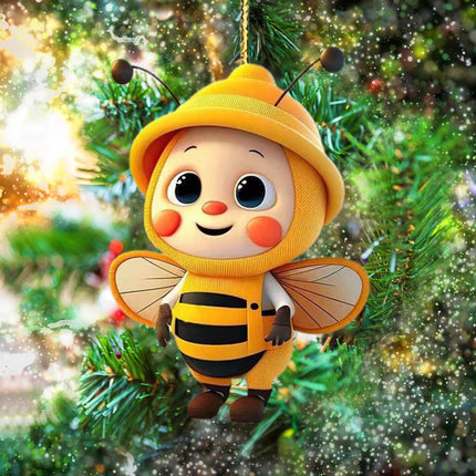 6PCS Christmas Cute Bee Hanging Ornaments, 3.15" Flat Christmas Tree Hanging Pendants, Acrylic Yellow Honeybee with Hat Indoor Decoration for Home Party Holiday Xmas Tree Door Decor As shown.
