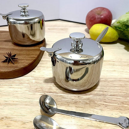 Sugar Bowl with Lid and Spoon, Stainless Steel Sugar Creamer Container, Round Seasoning Jar, Durable Seasoning Jar, for Coffee Bar Accessories, Kitchen Food Storage Jar S.
