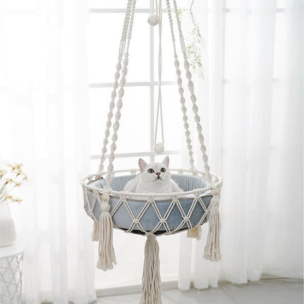 Macrame Cat Hammock, Handwoven Cats Bed, Hanging Indoor Boho Kitten Swing Beds, Hanging Cats Bed, Kitty Hanging Basket, for Playing Sleeping Climbing and Lounging White.