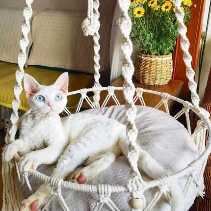 Macrame Cat Hammock, Handwoven Cats Bed, Hanging Indoor Boho Kitten Swing Beds, Hanging Cats Bed, Kitty Hanging Basket, for Playing Sleeping Climbing and Lounging White.