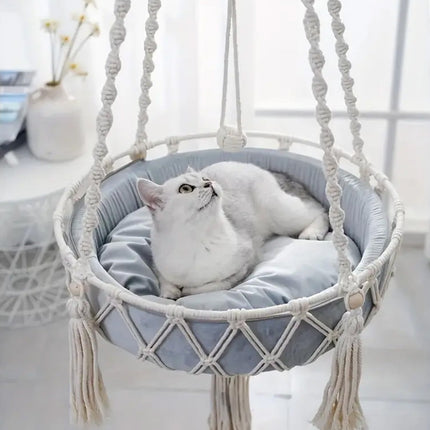 Macrame Cat Hammock, Handwoven Cats Bed, Hanging Indoor Boho Kitten Swing Beds, Hanging Cats Bed, Kitty Hanging Basket, for Playing Sleeping Climbing and Lounging White.