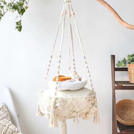 Macrame Cat Hammock, Handwoven Cats Bed, Hanging Indoor Boho Kitten Swing Beds, Hanging Cats Bed, Kitty Hanging Basket, for Playing Sleeping Climbing and Lounging White.