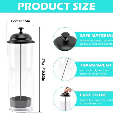 10.6 in Straw Dispenser with Lid, Tutuviw Plastic Straw Holder for Counter, Drinking Straw Organizer Container Transparent Straw Holder for Most Straws, Black (Straws Not Include).