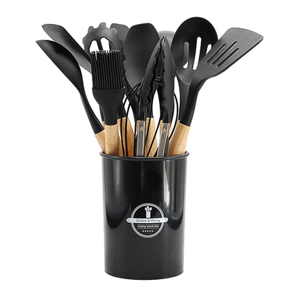 Silicone Cooking Utensils Set, Silicone Kitchen Utensils, with Wooden Handles, Heat Resistant Kitchen Utensil Spatula Sets Holder, Gadgets for Non-Stick Cookware, 12-piece Kitchenware Set Black.