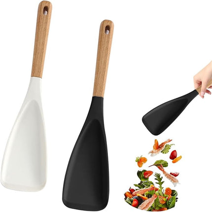 Cooking Spoon for Nonstick Cookwares, Multi-functional Silicone Cooking Shovel with Wooden Handle, Silicone Salad Spatula Kitchen Utensils for Mixing Scrape Black.