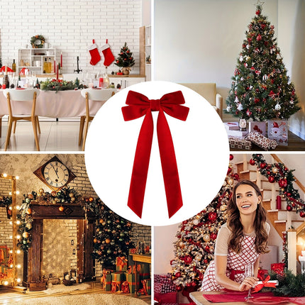 16 Pcs Christmas Velvet Bows for Christmas Tree, Rustic Wreath Gift Bows, Burgundy Christmas Ornaments, for Xmas Farmhouse Tree Garland DIY Craft Wrapping Decorative Red.