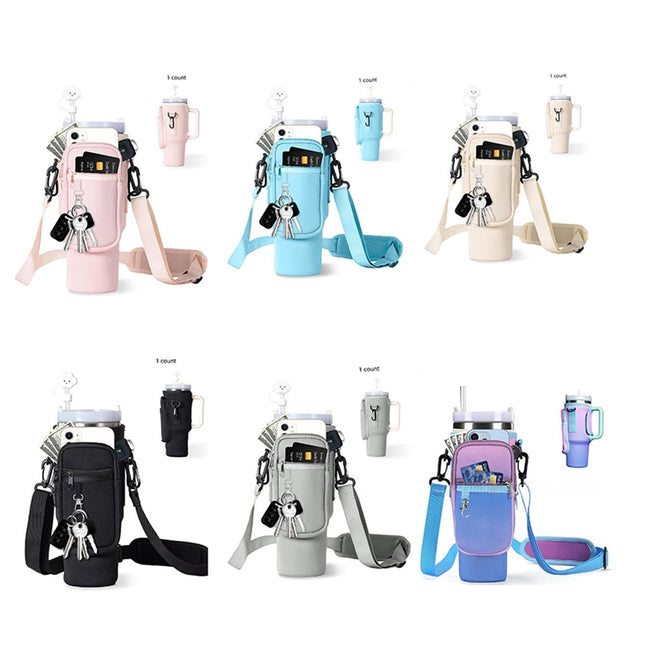 Water Bottle Carrier Bag with Phone Pocket, for Tumbler Water Bottle Holder Pouch with Adjustable Strap Bollus, with Straw Cover and Carabiner, for Cup Accessories,40oz Beige.