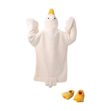 Goose Blanket Hoodie Onesie, Large Warm Wearable Flannel Blankets with Sleeves and Gooses Feet Slippers, for Festival Home Party Holiday Indoor XXL White.
