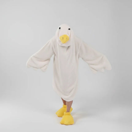 Goose Blanket Hoodie Onesie, Large Warm Wearable Flannel Blankets with Sleeves and Gooses Feet Slippers, for Festival Home Party Holiday Indoor XXL White.