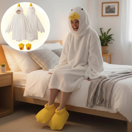 Goose Blanket Hoodie Onesie, Large Warm Wearable Flannel Blankets with Sleeves and Gooses Feet Slippers, for Festival Home Party Holiday Indoor XXL White.