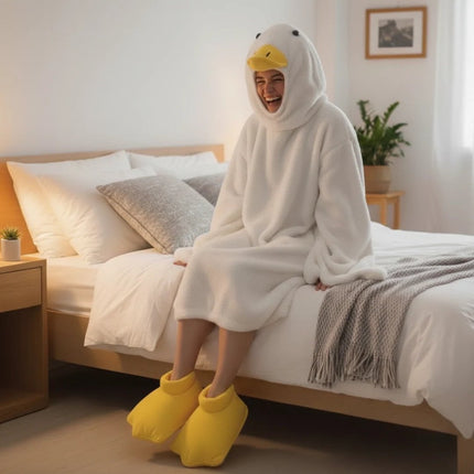 Goose Blanket Hoodie Onesie, Large Warm Wearable Flannel Blankets with Sleeves and Gooses Feet Slippers, for Festival Home Party Holiday Indoor XXL White.