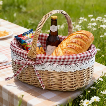Wicker Picnic Basket with Handles and Linen Cloth Lining, Empty Baskets for Gifts, Woven Easter Basket, Willow Picnic Hamper Garden Harvest Basket, for Easter Egg Gathering, Candy, Toys Red.