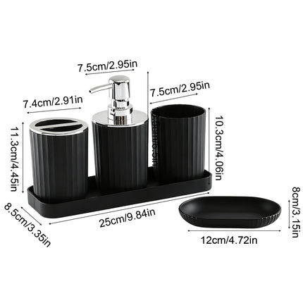 Bathroom Accessory Set of 5, Plastic Bathroom Sink Set with Soap Dispenser and Toothbrush Holder, for Bath Countertop Decoration, Contain Toothbrush Holder Set, Soap Dispenser Dish Black.