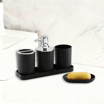 Bathroom Accessory Set of 5, Plastic Bathroom Sink Set with Soap Dispenser and Toothbrush Holder, for Bath Countertop Decoration, Contain Toothbrush Holder Set, Soap Dispenser Dish Gray.