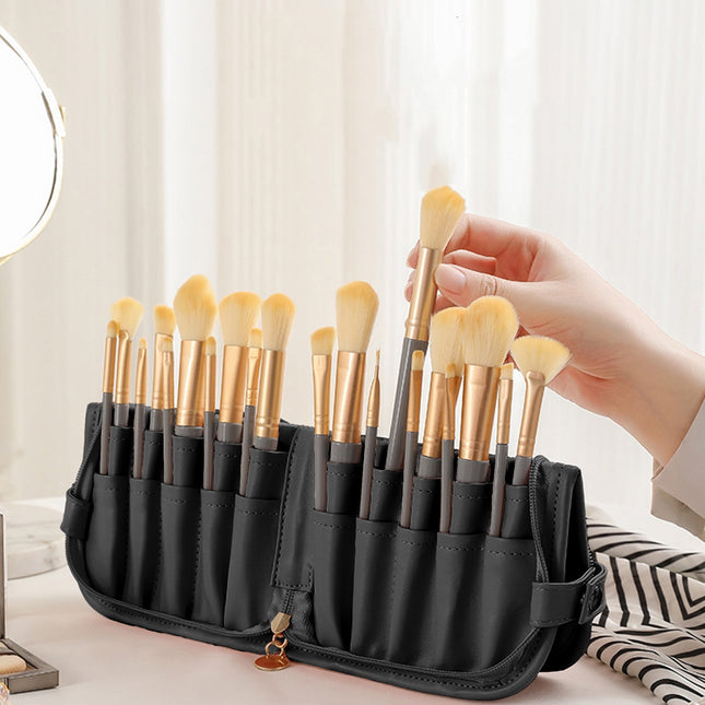 Makeup Brush Bag, Waterproof Stand-Up Makeup Brush Holder Organizer, Travel Make up Brush Pouch Cosmetic Bags, Painting and Makeup Bag, Large Capacity Makeup Brush Storage Bag Black.