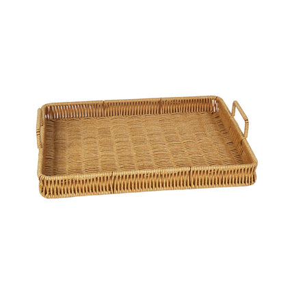 Woven Serving Tray with Handles, Handmade Poly Wicker Tray for Storage Breakfast, Drinks, Fruits, Rectangular Basket Organizer Platters, for Coffee Table Centerpiece Decor Brown,L.