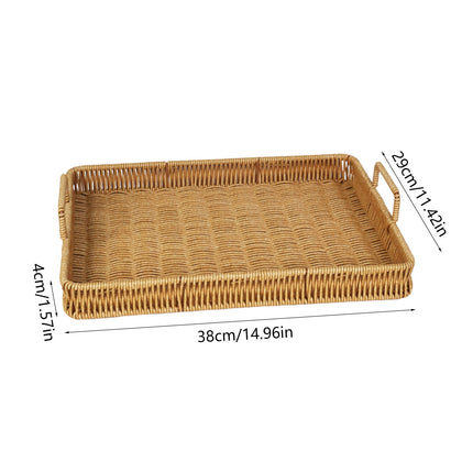 Woven Serving Tray with Handles, Handmade Poly Wicker Tray for Storage Breakfast, Drinks, Fruits, Rectangular Basket Organizer Platters, for Coffee Table Centerpiece Decor Brown,L.