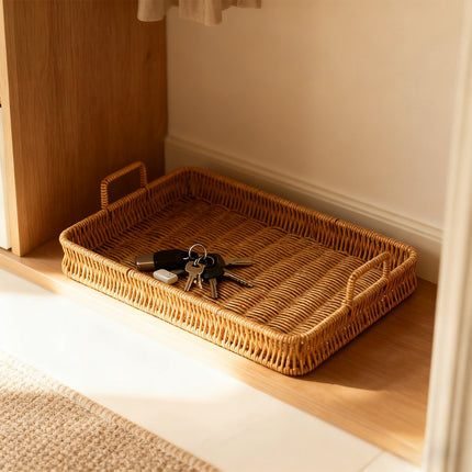 Woven Serving Tray with Handles, Handmade Poly Wicker Tray for Storage Breakfast, Drinks, Fruits, Rectangular Basket Organizer Platters, for Coffee Table Centerpiece Decor Brown,L.