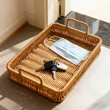Woven Serving Tray with Handles, Handmade Poly Wicker Tray for Storage Breakfast, Drinks, Fruits, Rectangular Basket Organizer Platters, for Coffee Table Centerpiece Decor Brown,L.