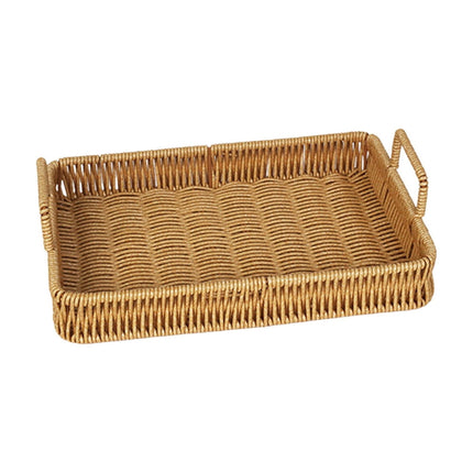 Woven Serving Tray with Handles, Handmade Poly Wicker Tray for Storage Breakfast, Drinks, Fruits, Rectangular Basket Organizer Platters, for Coffee Table Centerpiece Decor Brown,S.