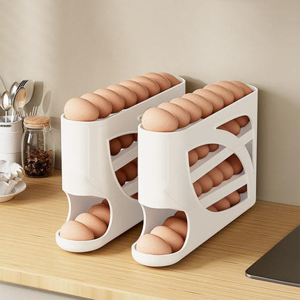 4 Tiers Egg Holder for Fridge, Automatic Scrolling Egg Rack Holder, Space-Saving Egg Dispenser Holder, Large Capacity Eggs Organizer Storage 30 Eggs for Fridge White.