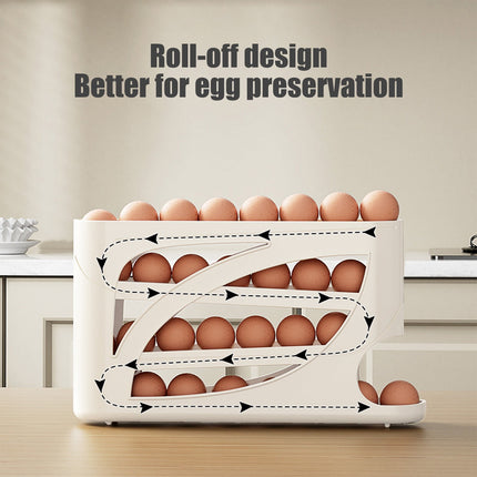 4 Tiers Egg Holder for Fridge, Automatic Scrolling Egg Rack Holder, Space-Saving Egg Dispenser Holder, Large Capacity Eggs Organizer Storage 30 Eggs for Fridge White.