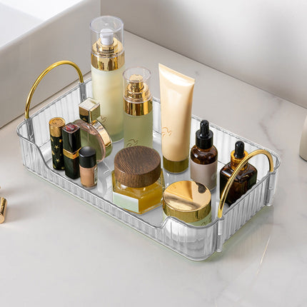 Bathroom Organizer Countertop, Vanity Tray for Skincare Makeup, Counter Organizer, Transparent Ribbon Handle Storage Rack, for Cosmetics, Toiletries, Lotions, Perfumes Clear.