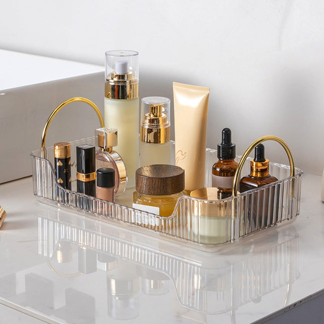 Bathroom Organizer Countertop, Vanity Tray for Skincare Makeup, Counter Organizer, Transparent Ribbon Handle Storage Rack, for Cosmetics, Toiletries, Lotions, Perfumes Green.