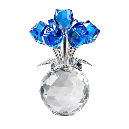 Clear Roses Bouquet Figurines, Glass Rose Flowers with Round Vase, Transparent Bouquet for Home Birthday Party Wedding Valentines Day Mother's Day Blue.