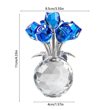 Clear Roses Bouquet Figurines, Glass Rose Flowers with Round Vase, Transparent Bouquet for Home Birthday Party Wedding Valentines Day Mother's Day Blue.