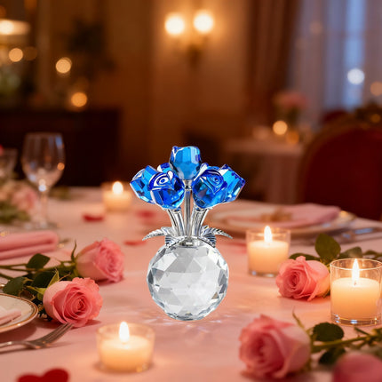 Clear Roses Bouquet Figurines, Glass Rose Flowers with Round Vase, Transparent Bouquet for Home Birthday Party Wedding Valentines Day Mother's Day Blue.