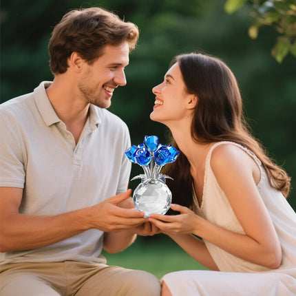 Clear Roses Bouquet Figurines, Glass Rose Flowers with Round Vase, Transparent Bouquet for Home Birthday Party Wedding Valentines Day Mother's Day Blue.