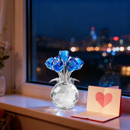 Clear Roses Bouquet Figurines, Glass Rose Flowers with Round Vase, Transparent Bouquet for Home Birthday Party Wedding Valentines Day Mother's Day Blue.