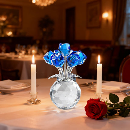 Clear Roses Bouquet Figurines, Glass Rose Flowers with Round Vase, Transparent Bouquet for Home Birthday Party Wedding Valentines Day Mother's Day Blue.