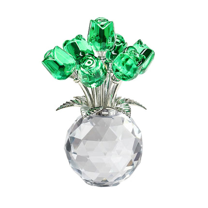 Clear Roses Bouquet Figurines, Glass Rose Flowers with Round Vase, Transparent Bouquet for Home Birthday Party Wedding Valentines Day Mother's Day Green.