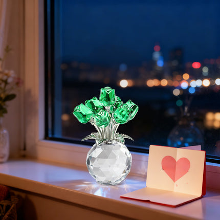 Clear Roses Bouquet Figurines, Glass Rose Flowers with Round Vase, Transparent Bouquet for Home Birthday Party Wedding Valentines Day Mother's Day Green.
